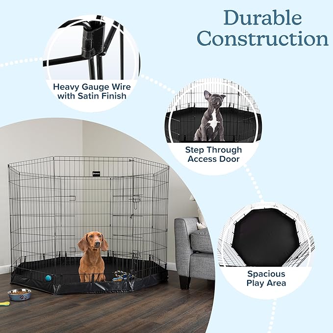 Dog Playpen - Foldable Metal Exercise Puppy Play Pen with Eight 24x42in Extra-Tall Panels and Gate - Indoor/Outdoor Dog Fence with Fabric Bottom for Dogs, Cats or Small Animals by PETMAKER (Black)