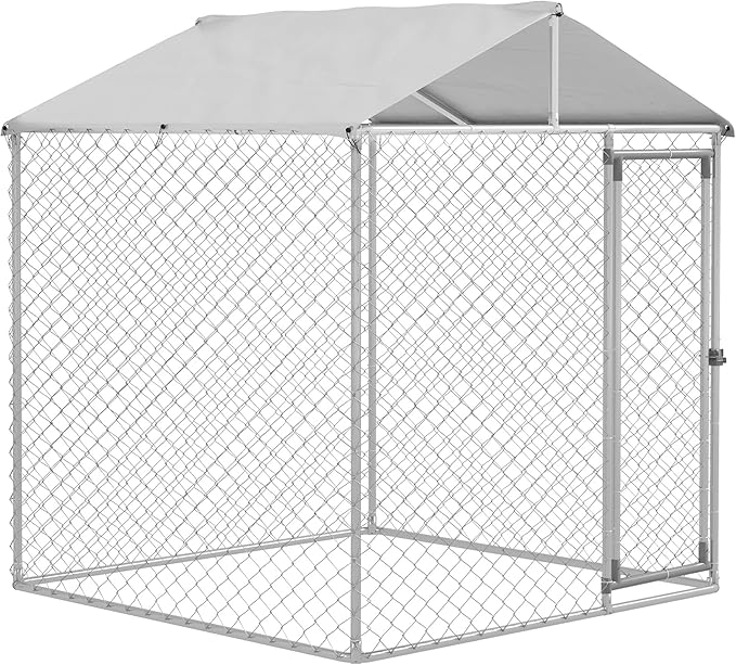 PawHut Large Dog Kennel Outside, Heavy Duty Dog Cage with Waterproof Cover, Outdoor Fence Dog Run with Galvanized Chain Link, Secure Lock, 6.6' x 6.6' x 7.8'