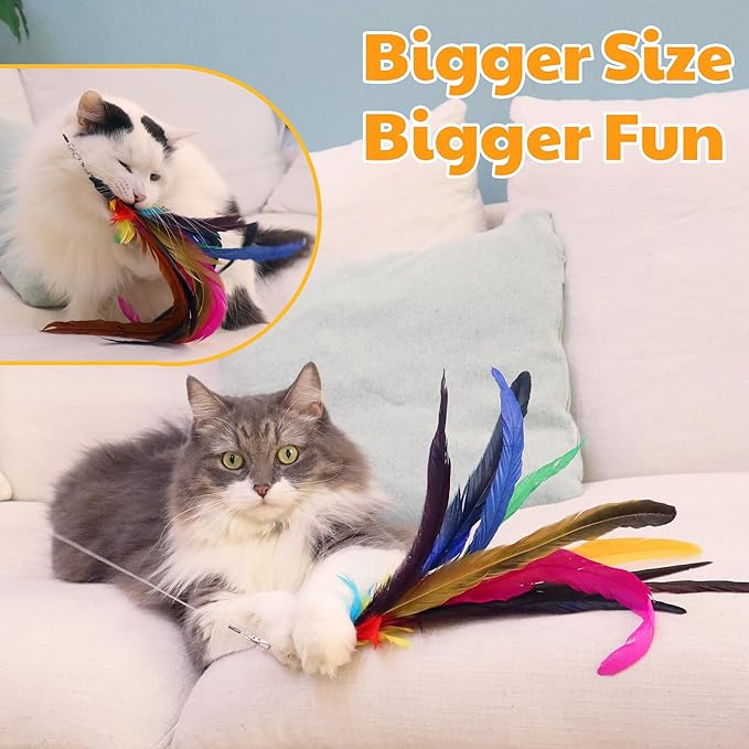 4-in-1 Interactive Cat Toys Set with 12 Pcs Replacements for Indoor Cats (Includes 1 Huge Feather)- Cat Fishing Pole Toy with Wooden Handle, Enhanced Suction Cup, Hanging Door Kitten Toys