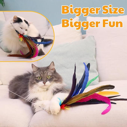 4-in-1 Interactive Cat Toys Set with 12 Pcs Replacements for Indoor Cats (Includes 1 Huge Feather)- Cat Fishing Pole Toy with Wooden Handle, Enhanced Suction Cup, Hanging Door Kitten Toys