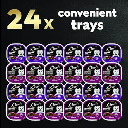 Cesar Wet Dog Food Classic Loaf in Sauce Filet Mignon and Porterhouse Steak Flavors Variety Pack, 3.5 oz. Easy Peel Trays (12 Count, Pack of 2)