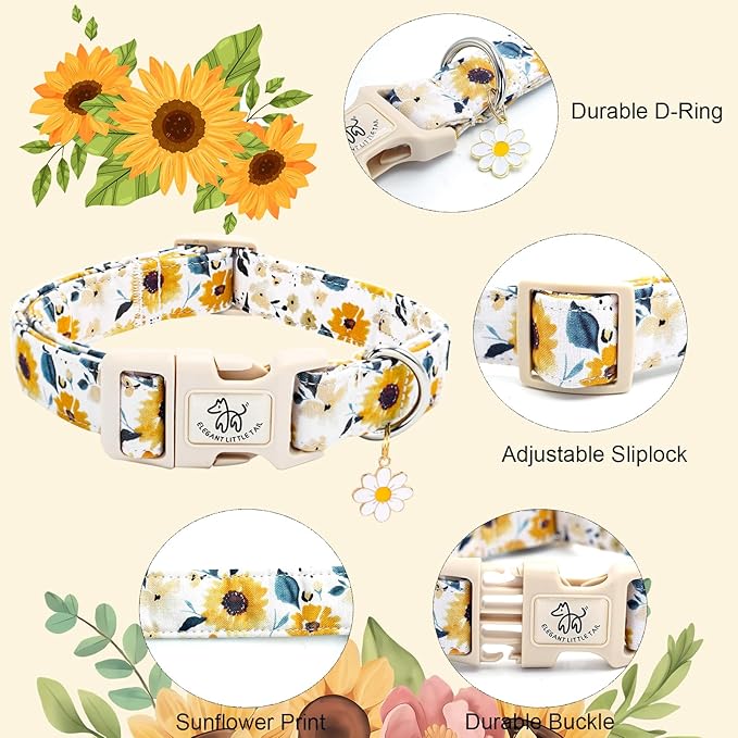 Elegant little tail Dog Collar,Sunflower Pattern Pet Collar Cute Durable Spring Female or Male Adjustable Cotton Pet Collar with Quick Release Buckle for Small Dogs