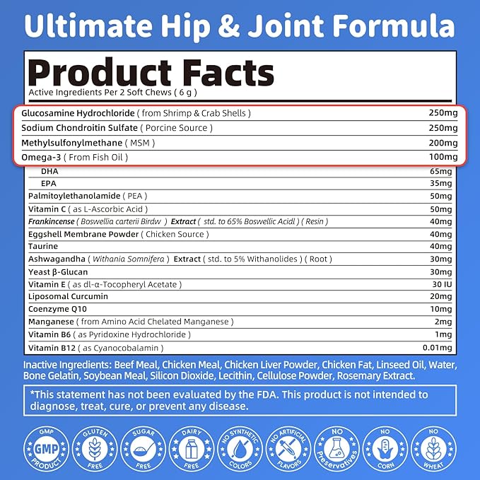 Senior Dog Joint Supplement, 17-in-1 Glucosamine for Dogs with Chondroitin, MSM, Pea, CoQ10, Omega-3, Hip and Joint Chews for Dogs – Beef Flavor – 90 Soft Chews – for All Breeds & Sizes