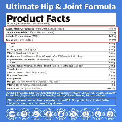 Senior Dog Joint Supplement, 17-in-1 Glucosamine for Dogs with Chondroitin, MSM, Pea, CoQ10, Omega-3, Hip and Joint Chews for Dogs – Beef Flavor – 90 Soft Chews – for All Breeds & Sizes