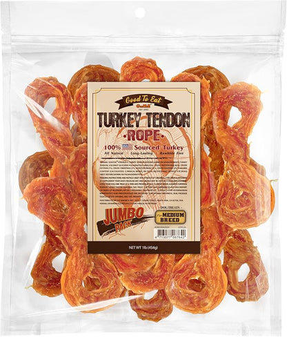 Gootoe Turkey Tendon Dog Treats, Rope (M) 1 lb, 100% USA Sourced Turkey, Natural Snack, Premium Puppy Chews, Hypoallergenic, Rawhide Free, Reseal Value Bag, Sizes for Medium Dogs