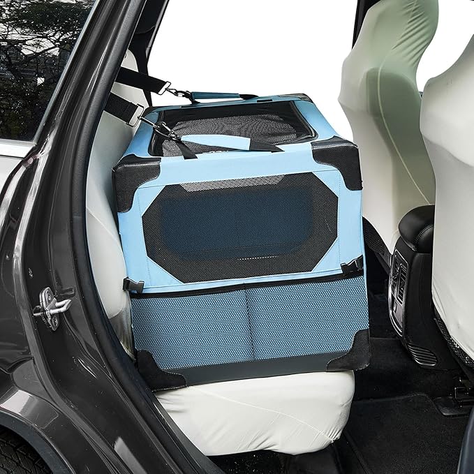JOYTUTUS Collapsible Dog Crate, 26 Inch Portable Pet Crate for Car, Travel Dog Kennel Foldable Dog Crate for Medium Dog 44lbs, Soft Cat Carrier Fit for Indoor & Outdoor/Car Back Seat/Trunk (Blue)