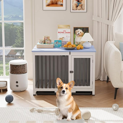 33in Furniture Dog Crate, Large/Medium Dog Crate End Table, Solid Wood Portable Foldable Indoor, No Assembly Needed (White and Blue)