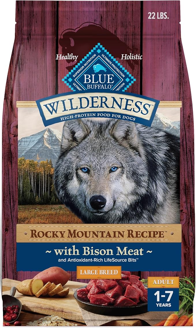 Blue Buffalo Wilderness Rocky Mountain Recipe High-Protein Large Breed Adult Dry Dog Food, Made in The USA with Natural Ingredients Plus Wholesome Grains, Bison, 22-lb. Bag