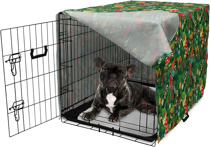 Ambesonne Christmas Dog Crate Cover, Xmas Accessories Stockings Candies Horse Teddy Bear on Pine, Easy to Use Pet Kennel Cover for Cats & Medium Dogs, 30 Inch, Green Brown