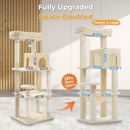 Large Cat Tree with Reinforced Scratching Posts (φ3.7in) for Big Adult Cats 30 lbs, 57.8" Heavy Duty Cat Tower with Larger Hammock and Condo, Cat Furniture for Maine Coon, Plush,Beige
