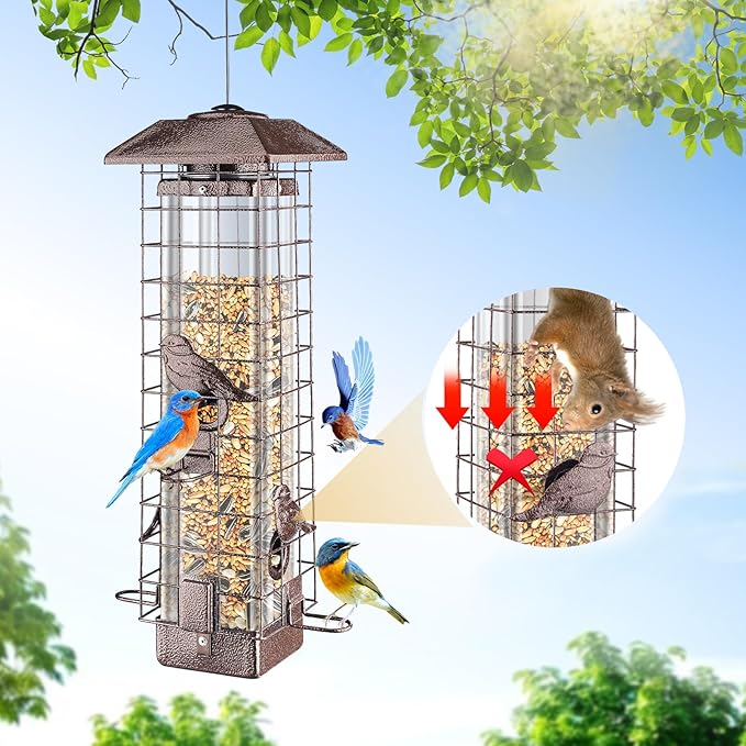 Squirrel Proof Hanging Bird Feeder for Outdoors, Gravity Protection Metal Wild Bird Feeder, 3LB Large Capacity, 4 Ports, Cardinal, Chickadee, Durable & Weatherproof, Ideal for Backyard