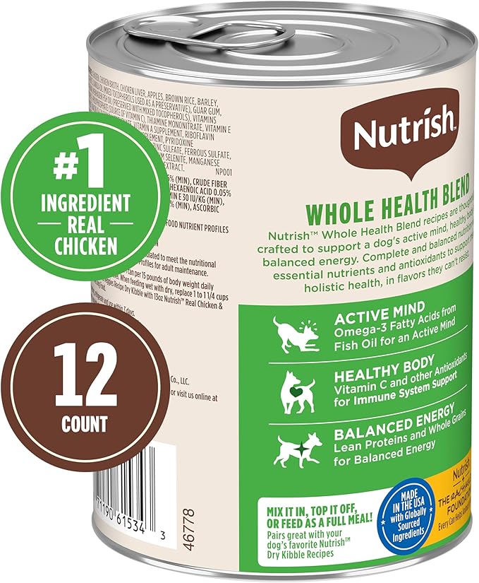 Nutrish Premium Paté Wet Dog Food, Real Chicken & Apple Recipe Whole Health Blend, 13 oz. Can, 12 Count (Rachael Ray)