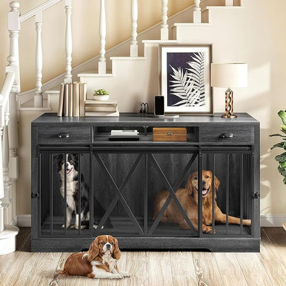 DWVO 63 Inch Double Dog Crate Furniture for 2 Dogs, Heavy Duty Wooden Dog Crate TV Stand with Charging Station, Dog Kennel Indoor Furniture Double Sliding Barn Door Design Ideal for 2 Dogs, Oak