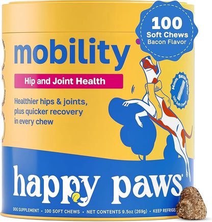 Happy Paws Hip & Joint Supplement for Dogs, Glucosamine Chondroitin For Dogs Of All Breeds, Mobility Support Chews With Hyaluronic Acid & Turmeric, Vegan Bacon Flavor, Organic, Non GMO, 100 Soft Chews