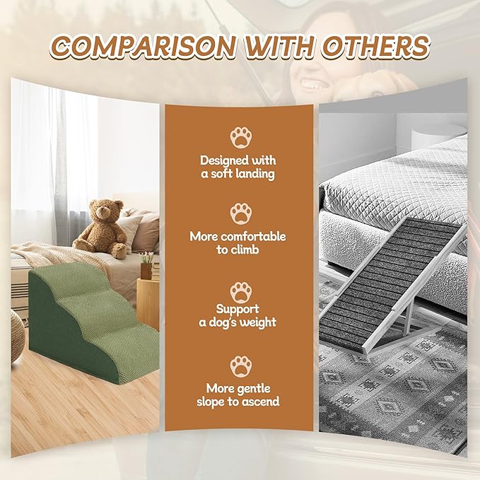 Romrol Dog Stairs Ramp for Beds Couches, Extra Wide Pet Steps with Durable Non-Slip Waterproof Fabric Cover, Pets Slope Stairs, 3-Tiers,Green