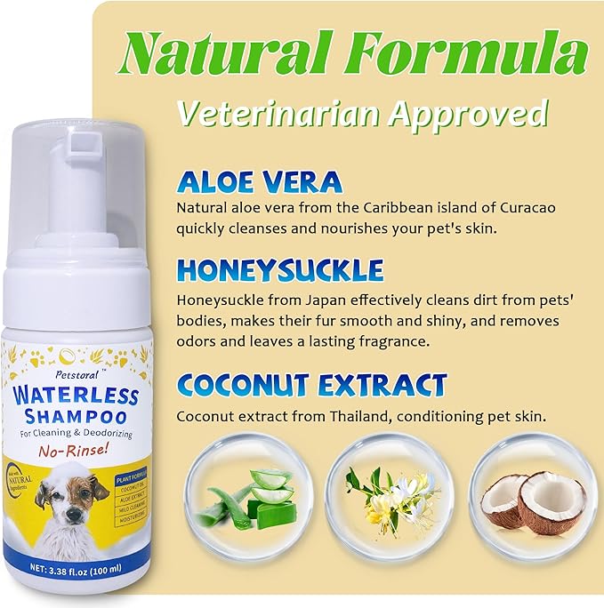 Waterless Dog Shampoo No Rinse Puppy Dry Hypoallergenic Shampoo and Conditioner - Soothing and Deodorizing Quickly Cleans Smelly Dogs and Cats (3.38 fl oz/100ml)