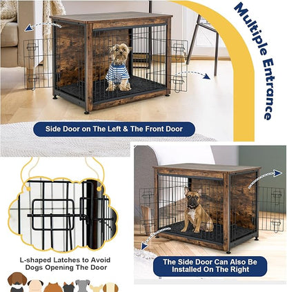 Tangkula Dog Crate Furniture with Removable Tray/Felt Mat, Wood Dog Cage End Table for Small & Medium Dogs, Industrial Double Doors Chew-Proof Dog House Dog Kennel Indoor