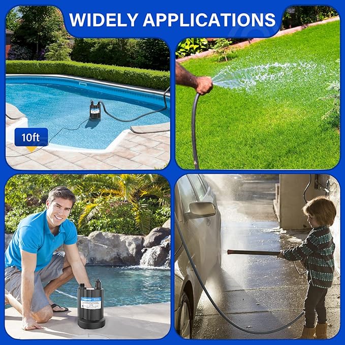 Acquaer Submersible Water Pump 1/6 HP Sump Pump Thermoplastic Utility Pump Small Electric Water Pump 1750GPH Water Remove for Basement Hot Tubs Garden Pool Cover Draining with 10 ft Cord