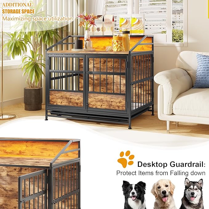 Ball & Cast 24" Multi-Function Dog Crate Furniture with Storage,3-Door Access Wooden Kennel for 26-40 lbs Dogs,Double Doors with Pull-Out Tray,Waterproof Indoor Pet House,Easy Assembly,Black Brown