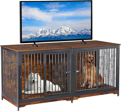 71'' Dog Crate Furniture for 2 Dogs, Wooden Double Dog Crate Large Breed with Door, XXL Indoor Dog Kennel TV Stand End Table with Divider for Large Medium Dogs, No Cushion,Brown