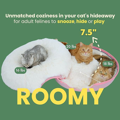 CATTASAURUS Peekaboo Cat Cave for Multiple & Large Cats Up to 30-45 Lbs, Fluffy Cat Beds for Indoor Cats, Scratch Detachable & Washable Tunnel Bed, Comfy Donut Cave (Pink, Large (Calming))