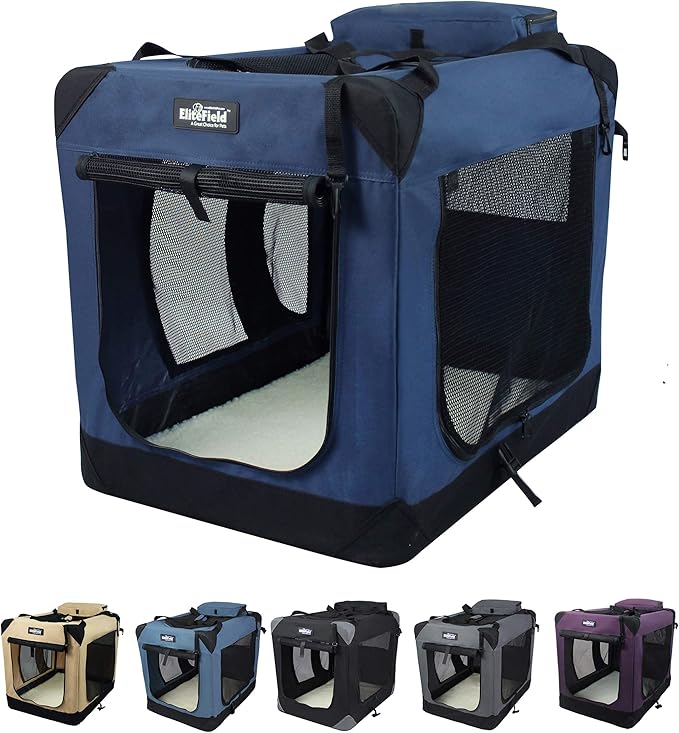 EliteField 3-Door Folding Soft Dog Crate with Carrying Bag and Fleece Bed (2 Year Warranty), Indoor & Outdoor Pet Home (42" L x 28" W x 32" H, Navy Blue)