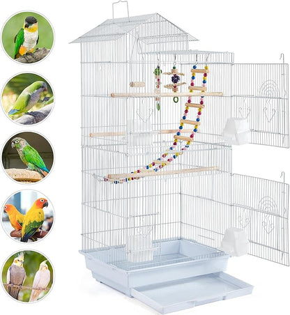 Yaheetech 39-inch Roof Top Medium Parakeet Bird Cages for Cockatiels Conures Finches Budgies Canaries Lovebirds Parakeets Green Cheek Small Birds Parrots, Travel Flight Birdcage w/Toys, White