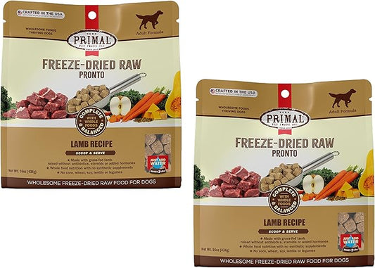 Primal Freeze Dried Dog Food Pronto, Lamb; Scoop & Serve, Complete & Balanced Meal; Also Use as Topper or Treat; Premium, Healthy, Grain Free, High Protein Raw Dog Food (16 oz, 2-Pack)