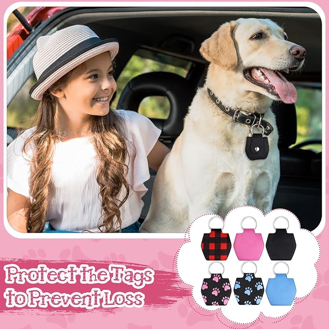 6 Pieces Dog Tag Holder Portable Pet ID Tag Soundless Dog Tag Silencer Bag Cover with Rings Quiet Dog Tag Bag Protector for Dogs Cats Pets (Paw Style)