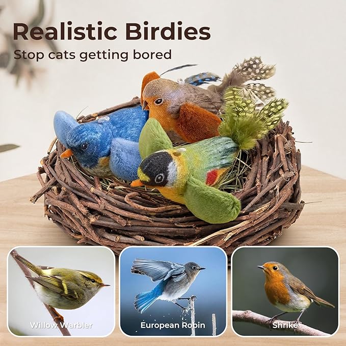 2-pack catnip cat toys that stimulate indoor cats' natural hunting instincts,Interactive plush bird toy with realistic chirping sounds to tease your cat (Brown artificial bird + green artificial bird)