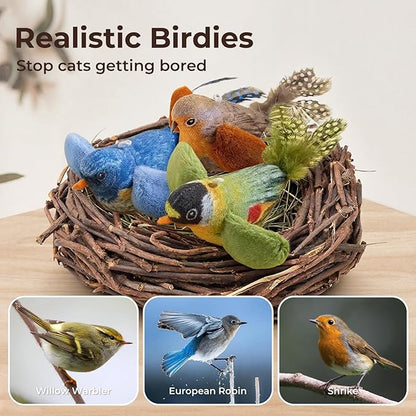 2-pack catnip cat toys that stimulate indoor cats' natural hunting instincts,Interactive plush bird toy with realistic chirping sounds to tease your cat (Brown artificial bird + green artificial bird)