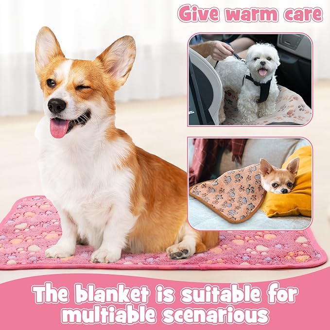 Tegeme 12 Pieces Pet Blanket Soft Fleece Dog Fluffy Doggie Warm Felt Throw Spring Paw Print Puppy Kitten Sleep Mat Bed Covers for Cat (23 x 16 Inch,Pink,Beige,Camel)
