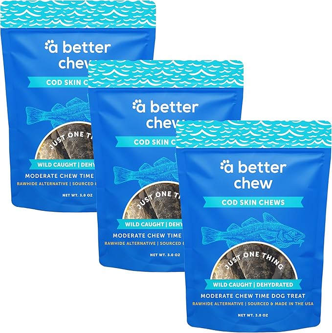 A Better CHEW  Wild Caught Cod Skin Dog Treats | Sourced and Made in The USA, Single Ingredient, Dehydrated | Natural, Healthy Alternative to Rawhides + Bully Sticks, Long Lasting Chew