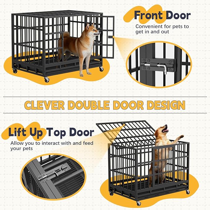 Greesum 38 INCH Heavy Duty Indestructible Dog Crate for Large Dog, Escape Proof Dog Cage Kennel, Extra Large Crate Indoor with High Anxiety Double Door, Lockable Wheels, Removable Tray