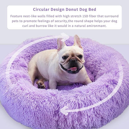 Purple Dog Bed Medium Size Dog 23 Inch Anti-Anxiety Donut Dog Cuddler Bed, Warming Cozy Soft Dog Round Bed, Fluffy Faux Fur Plush Dog Cat Cushion Bed for Small Medium Dogs and Cats