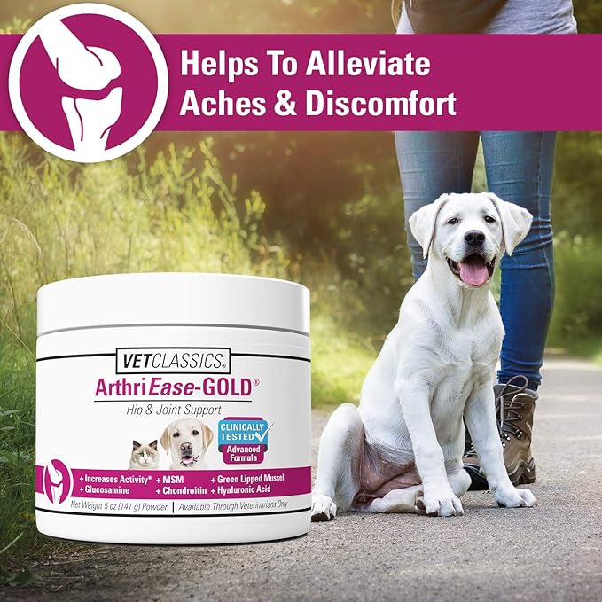 Vet Classics ArthriEase-Gold Hip & Joint Support for Dogs, Cats Pet Health Supplement Powder  Alleviates Aches, Discomfort  For Flexibility, Healthy Joint Function  Antioxidants  5 Oz