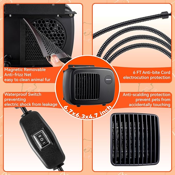 Dreyoo Dog House Heater with Thermostat, Pet House Heater with 6FT Anti Chew Cord and Safe Overheat Protection, 2 Heating Mode (200/400W) Pet House Furnace for Dogs Chicken Coops Rabbits(Black,1 Pc)
