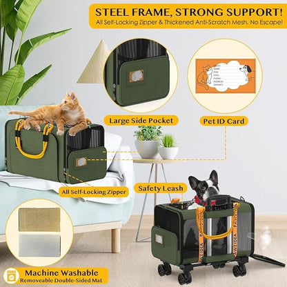 PAWZIDEA Expandable Pet Carrier with Wheels, 18X11X11 TSA Airline Approved Cat Carrier w/ID Card for 2 Cats, Small Dog Carrier Car Seat Travel Bag, Shoulder Strap as Dog Leash