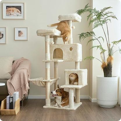 Ouritsu Cat Tree, 57 inch Cat Tower for Large Cat Indoor, 2 Top Perches with 1 Widened, 2 Condos with 1 Enlarged, Steel Frame Hammock, Scratching Posts and Scratching Pad, Beige, LF003WH
