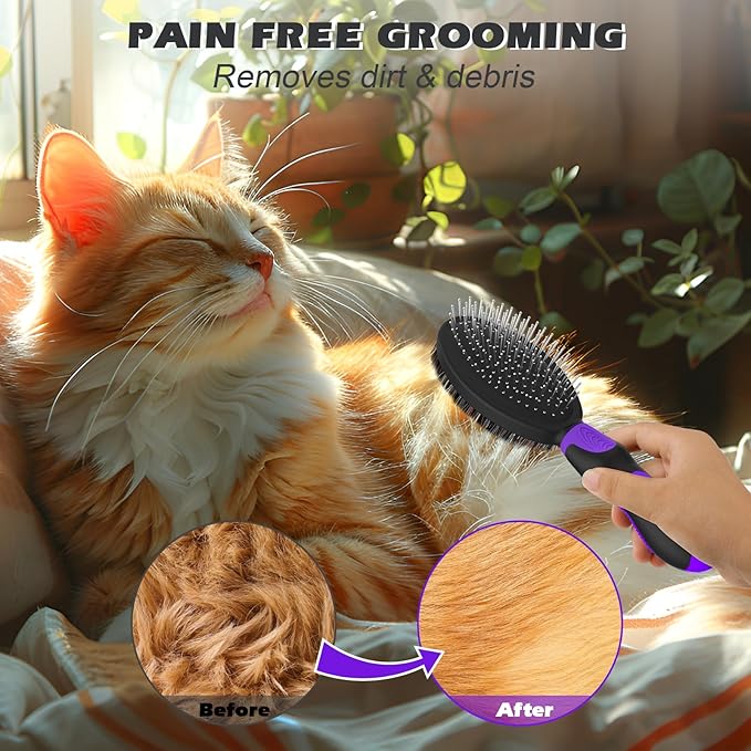 2PCS Dog Grooming Tools - Double-Sided Bath Brush for Shedding and Bathing - Cat Brushes, Suitable for Short/Long Haired Dogs, Premium Pet Supplies (Black Purple)