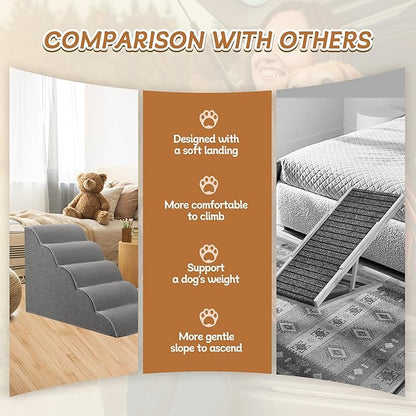 Romrol Dog Stairs Ramp for Small Dogs, Pet Stairs Steps with Durable Non-Slip Waterproof Fabric Cover, Dog Slope Stairs to Bed for Small Dogs and Cats or Pets Joints, 5-Steps, Grey