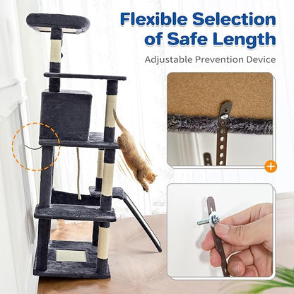 Cat Tree Tower 63in Multi-Level Cat Tower for Indoor Cats with Sisal Scratching Posts, Condo, Hammock, Dangling Ball and Extended Platform for Cats to Play, Light Grey