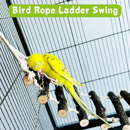BNOSDM Birds Rope Ladder Toy 2Pcs Wooden Bird Hanging Ladders Pet Climbing Ladder Swing Parakeet Cage Accessories Suit for Budgie, Lovebird, Conure, Cockatoo, Finch
