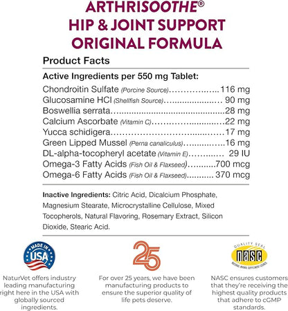 NaturVet ArthriSoothe Hip & Joint Formula Pet Supplement for Dogs & Cats  Includes Glucosamine, MSM, Chondroitin, Boswellia, Green Lipped Mussel  Supports HIPS, Joints  250 Ct.