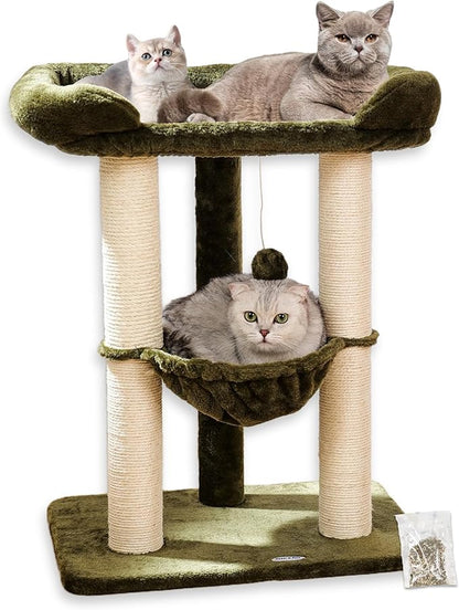 Happi N Pets 28" Large Cat Tree Tower for Indoor Cats, Cat Scratch Post with Large Bed for Maine Coon Big Cats, Sisal Cat Scratcher with Soft Perch & Hammock, Stable Cat Stand, Removable Cover-Green
