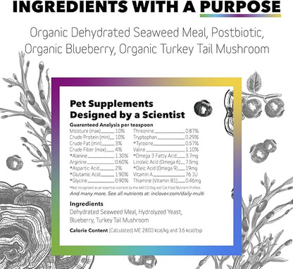 InClover Daily Multi Cat & Dog Vitamin - Canine & Feline Vitality Powder - Immunity Boost with Organic Blueberry, Seaweed, Turkey Tail Mushroom & Postbiotic Fibers - Critical Immune Defense Supplement