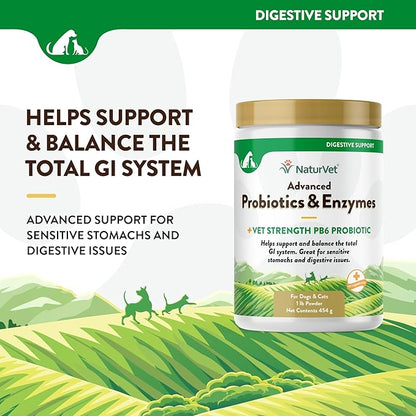 NaturVet  Advanced Probiotics & Enzymes - Plus Vet Strength PB6 Probiotic | Supports and Balances Pets with Sensitive Stomachs & Digestive Issues | for Dogs & Cats (1 lb)