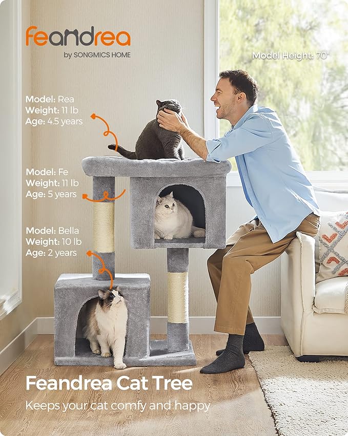 Feandrea Cat Tree, 39.8-Inch Cat Tower, XL, Cat Condo for Extra Large Cats up to 44 lb, Large Cat Perch, 2 Cat Caves, Scratching Post, Light Gray UPCT614W01