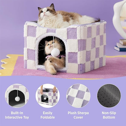 Lesure Indoor Cat Beds Kitten House - Large Cat Cave for Pet Cube with Fluffy Ball Hanging, Foldable Small Animal Hideaway, 16.5x16.5x13 inches, Lavender Checks