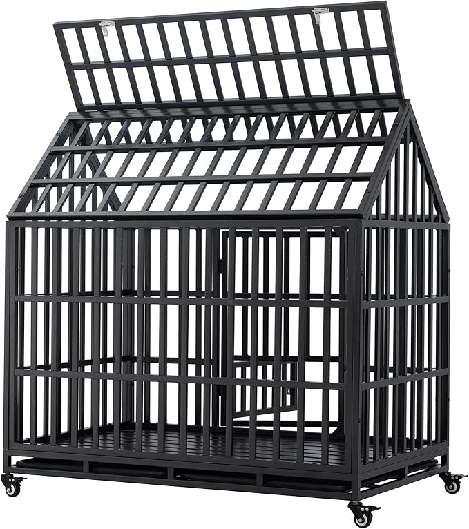 Goohome 47.24 Inch Heavy Duty Dog Crate Cage Kennel with Wheels, High Anxiety Indestructible, Sturdy Locks Design, Extra Large Crate Indoor for Large Dog with Roof & Window on Roof